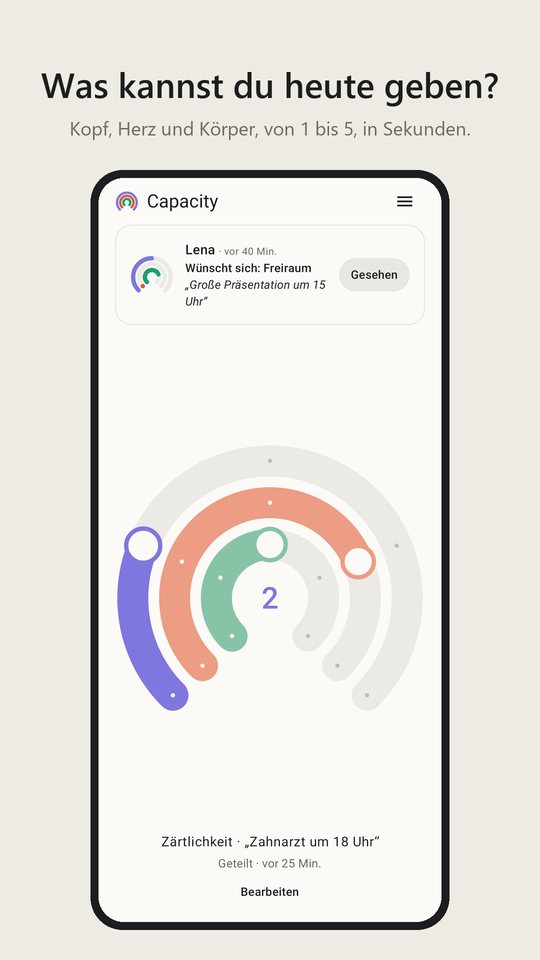 Der Hauptbildschirm: deine Ringe nach dem Teilen und der Check-in deines Gegenübers mit Notiz